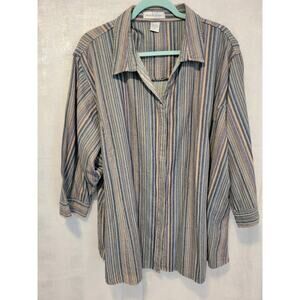Maggie & Max Women 4X Blue Multicolor Stripe 3/4 Sleeve Button Front Shirt Comfy